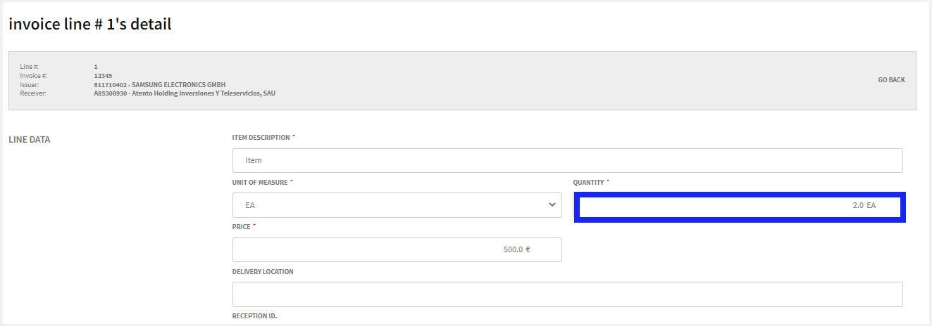 Why is the error invalid amount for line No. 1?
